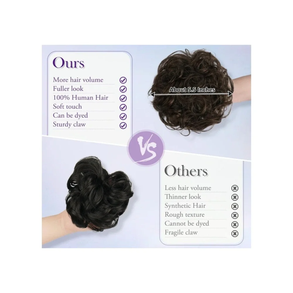 Large Brunette Messy Bun Hair Piece Claw Clip 100% Human Hair Wavy Chignon Brown